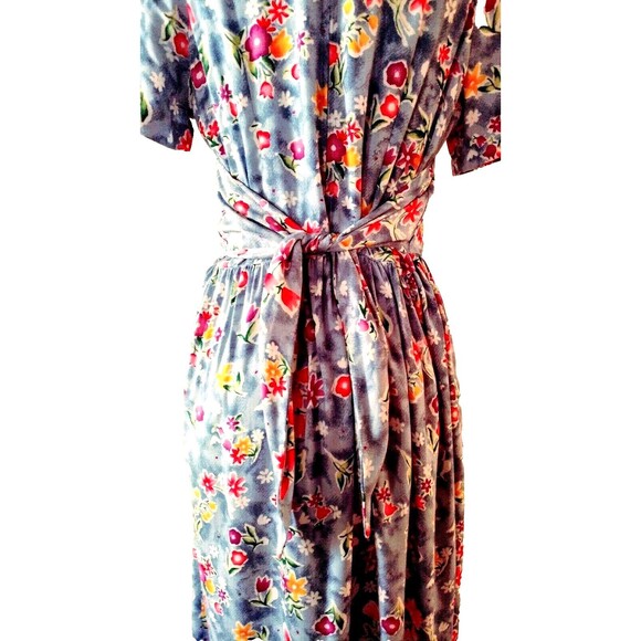 Vintage 90s Dress Midi 10 Blue White Floral Modest Tie Cottage Prairie Peasant - Picture 3 of 6